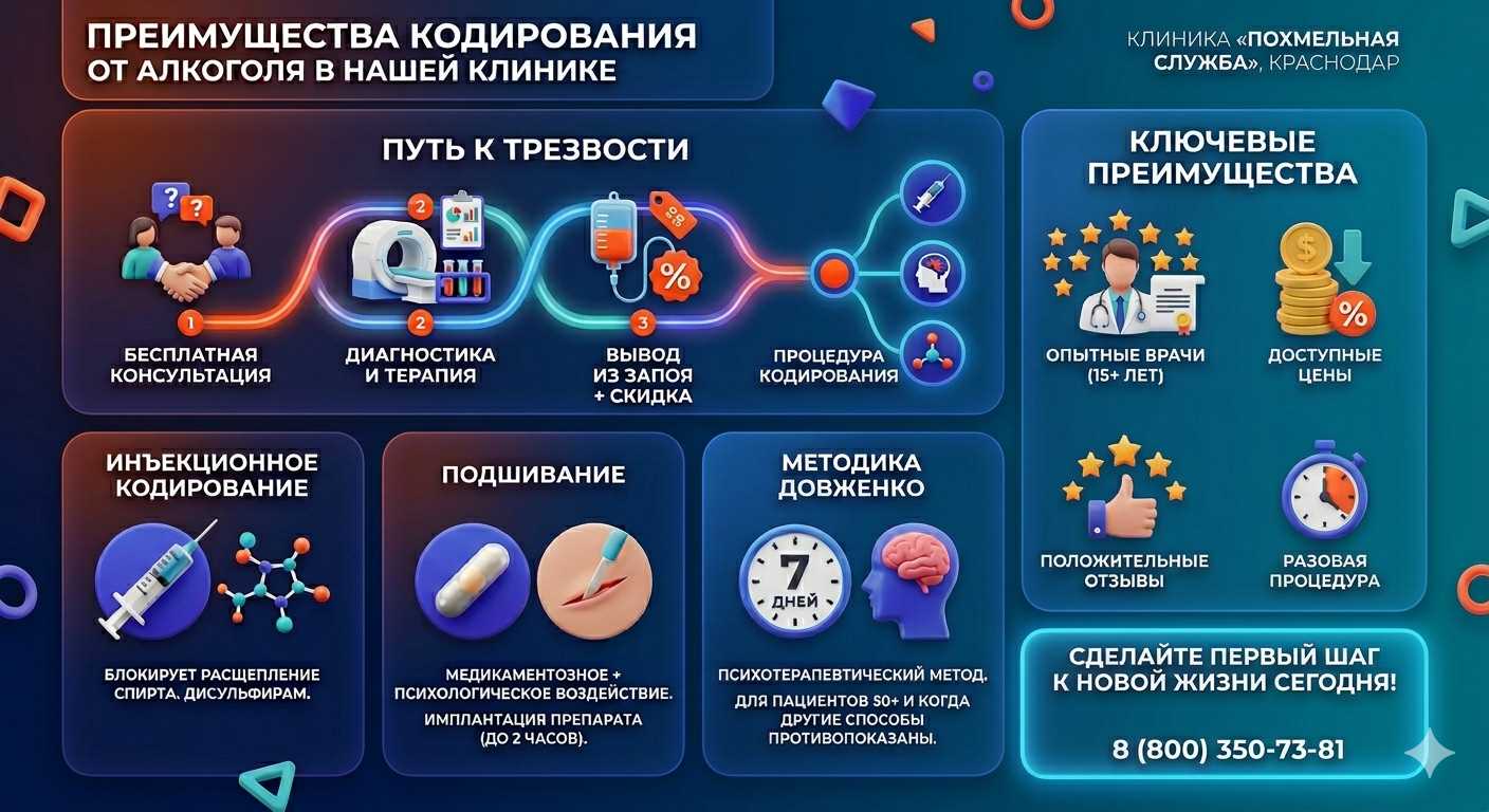 Инфографика о методах кодирования от алкоголя в Воскресенске: инъекции, подшивание, метод Довженко. Преимущества клиники и этапы лечения.